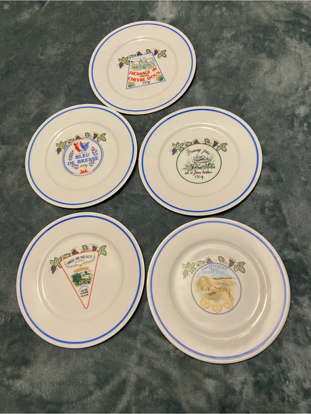 Set of 5 Ceramic Salad Plates with Blue Rim and Cheese Motifs